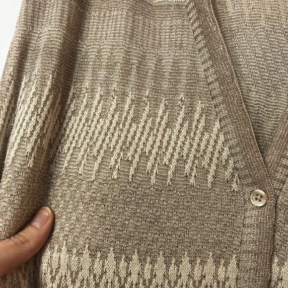 Jones New York Gold Metallic Cardigan Sweater Womens L Zig Zag Oversized Preppy - Picture 9 of 11